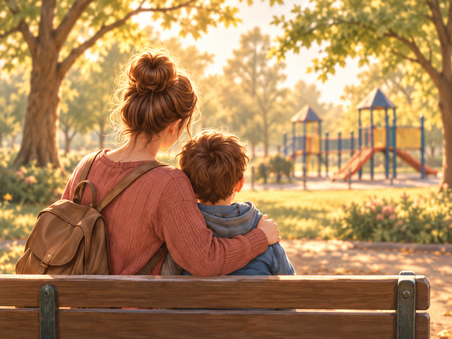 A caregiver and child sitting closely together on a park bench in warm afternoon light.